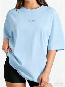 New Summer 2026 Collection, Locally Shipped Loose-Fit Graphic Tee, Short-Sleeve Breathable 100% Cotton, Casual Sports & Pilates Fitness Top - Blue - View 13