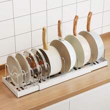 Expandable Pot And Pan Storage Rack, Telescopic Pot Lid Organizer, Kitchen Accessory, Used For Storing Pots, Pans, Lids, Plates And Cutting Boards, Suitable For Kitchen Countertop Or Cabinet Interior - White - View 12