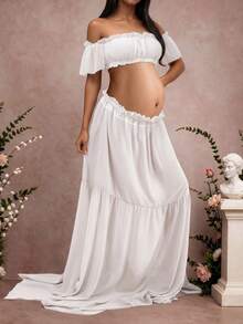 Maternity Strapless Ruffle Hem Dress, Chiffon Moderate Stretch Ruffle Detail Front Slit Ruffle Hem Maternity Photography Baby Shower Party Dress Fall - White - View 4