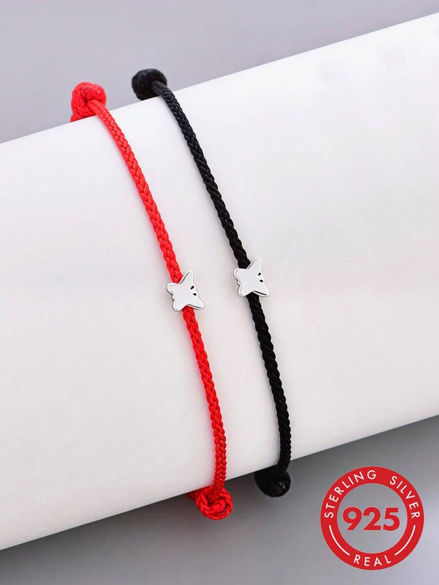 HuooNew 1pc S925 Sterling Silver Minimalist Small Butterfly Adjustable Braided Rope Bracelet, Couple Set, Artistic Versatile Thin Rope Bracelet Jewelry - Silver - View 1