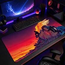 Sunset Glowing Golden Wings Hooded Man Ruins Large Gaming Desk Mat, Red-Orange Gradient Sky Fantasy Art Print Non-Slip Rubber Extended Mouse Pad, Waterproof Long Keyboard Pad, Esports Computer Desktop Decoration - View 1