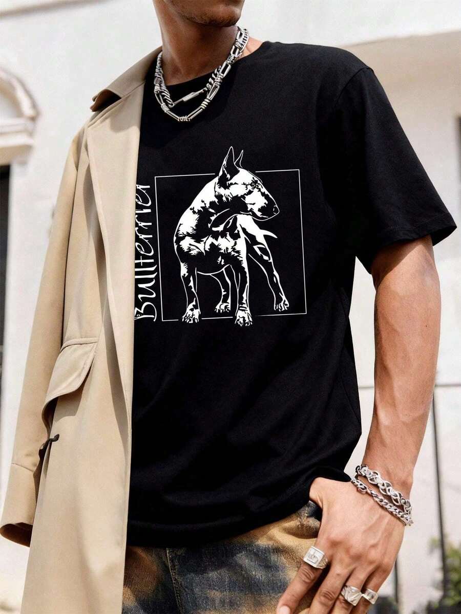 1 sztuka, koszulka z nadrukiem Bull Terrier, 100% bawełna, luźny krój, wygodna, unikalny letni nadruk.sommer - Czarny - Zobacz 1