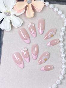 10 piezas de uñas postizas hechas a mano, uñas falsas, uñas de verano, uñas con puntas francesas rosa suave, decoradas con racimos de pequeñas cuentas de perlas blancas y tachuelas de flores blancas translúcidas 3D con centros dorados en miniatura, para citas y ocasiones de boda nupcial. - Rosa - Ver 4