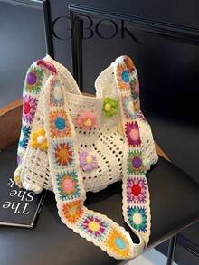 Vintage Hollow Floral Contrast Color Casual Crossbody Bag (Flower Color Position Random) - Multicolor - View 1
