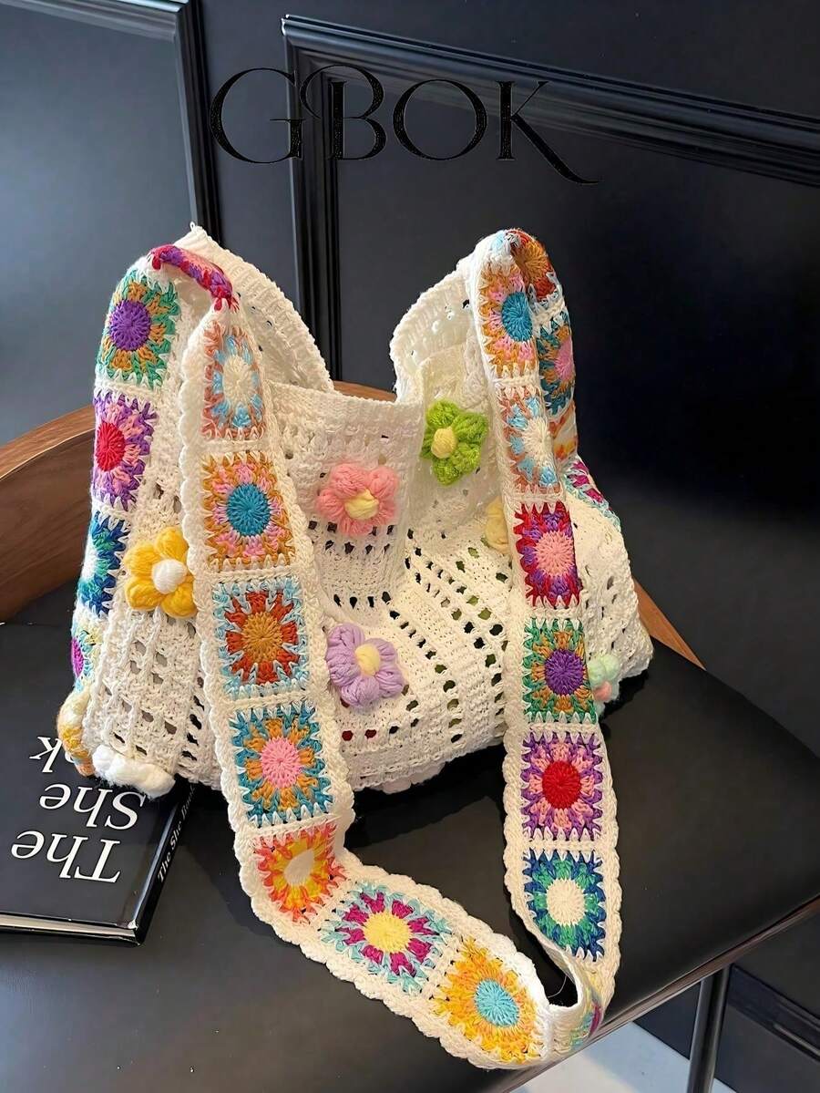 Vintage Hollow Floral Contrast Color Casual Crossbody Bag (Flower Color Position Random) - Multicolor - View 1