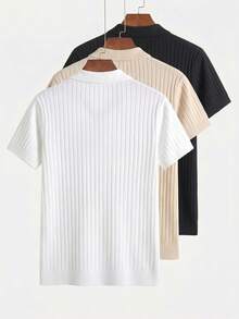 Men's Spring/Autumn Solid Color Fashion Versatile Minimalist Polo Collar Ribbed Knit Tops 3 Pieces, Suitable For Daily Commute And Dates - Multicolor - View 2