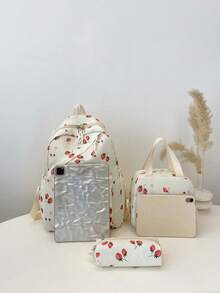 1 Set Cute Strawberry Pattern Backpack Set, Large Capacity Polyester School Day Bag, With Lunch Bag And Pencil Case, Multi-Pocket Casual Backpack, Lightweight Bookbag, Suitable For Students/Graduates/Young People, Suitable For Back To School/Daily/Shopping/Short Trips And Outdoor Leisure Activities - 2264 - View 3