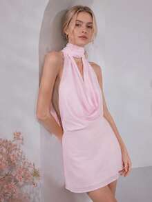 Women Halter Neck Mini Dress Solid Color Scarf Backless Sleeveless Dress - Pink - View 5