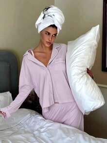 Nina Bonheur 2pcs Women Lapel Button Long Sleeve Top + Elastic Waist Pants Pajama Set - Purple - View 3