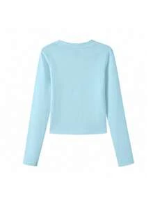 Early Autumn Star & Letter Print Unique T-Shirt For Women, American Street Style Round Neck Inner Layer Sky Blue Long Sleeve Top Casual - Sky Blue - View 7