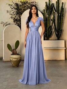 Mgiacy Women's Elegant Blue Pleated V-Neck Ruffle Waist Tie Long Dress Fall Wedding Party - Blue - View 8