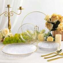 50pcs/Transparent Gold Rim Round Hammered Texture Plates.Large Plate 10.25 Inch.Small Plate 7.5 Inch,Reusable And Easy To Clean Cute Tableware.Perfect For Weddings And Birthday Parties,Family Gatherings,Outdoor Team Building,General Use,School,Back To School Supplies,School Parties - Transparent - View 9