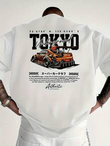 Men's Short Sleeve T Shirt,Printed With Heat-Transfer Racing Car Patterns And English Graphics,Fashionable Casual Round-Neck Top,Spring And Summer Out - 黑色 - 查看 6