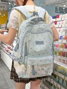 Blue & White Star Heart Backpack, Girl's Musical Note Embroidery School Bag, Birthday Gift Commuter Backpack For Middle & High School Students - Blue - View 8