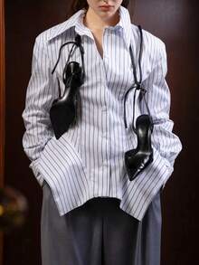 Women's Fashion Commuter Long Sleeve Collared Asymmetric Waist Striped Shirt (With Shoulder Pads) Front Placket Button Asymmetric Design Office Daily Date Style - Blue and White Stripes - View 6