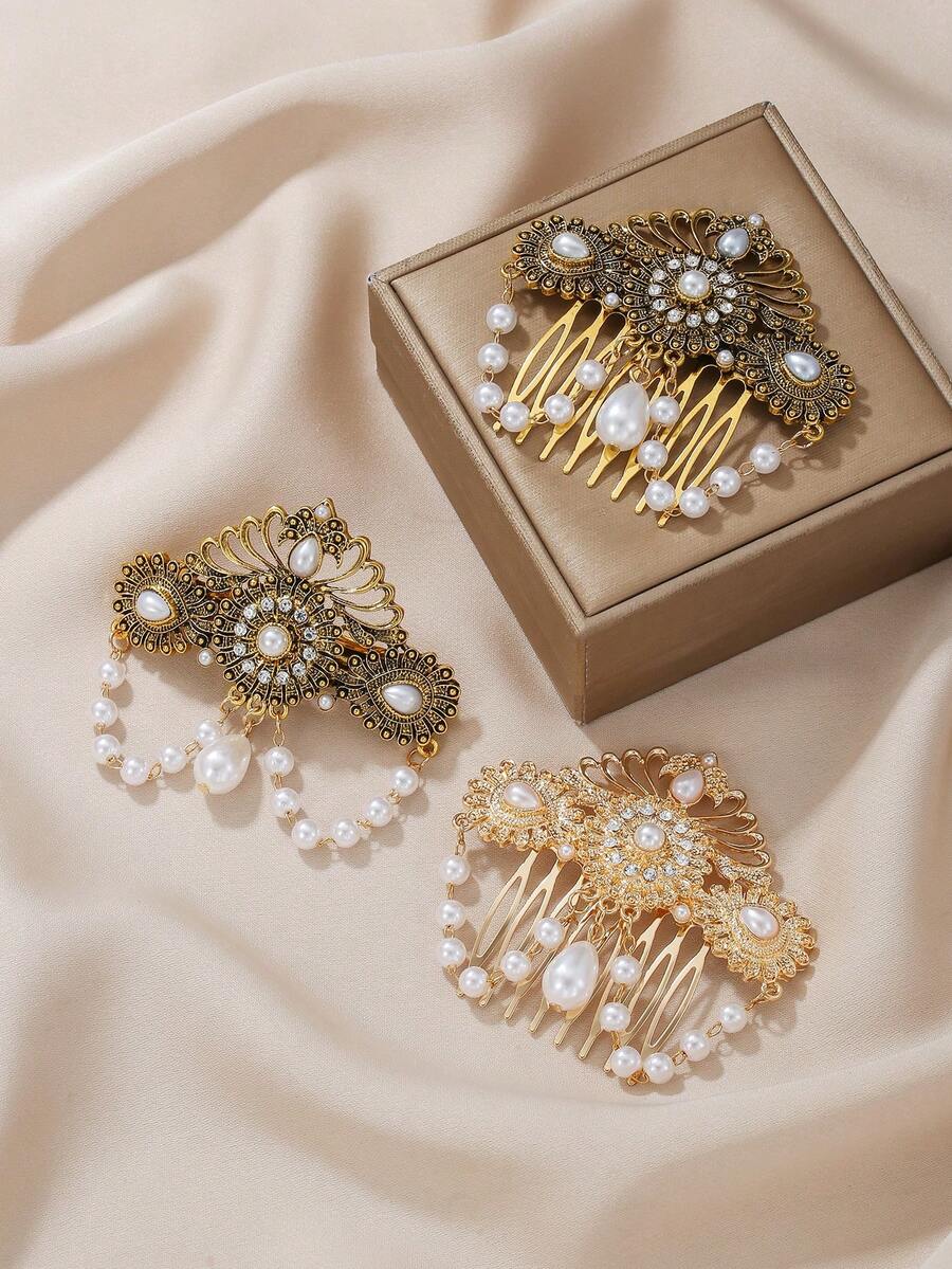 1pc Vintage Palace Style Hollow Flower Rhinestone Side Comb Hair Accessory For Women, Suitable For Banquet Party, Decoration Gift, Zinc Alloy, All Seasons - Multicolor - View 1