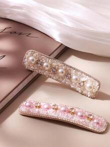 1 pieza Pinza para el cabello con perlas y strass, accesorio para el cabello versátil y lindo para mujeres - Multicolor - Ver 6