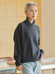 女款舒適羊毛鈕扣領毛衣，時尚立領針織上衣，適合萬聖節、感恩節、聖誕節假期穿搭 - 深灰色 - 查看 1