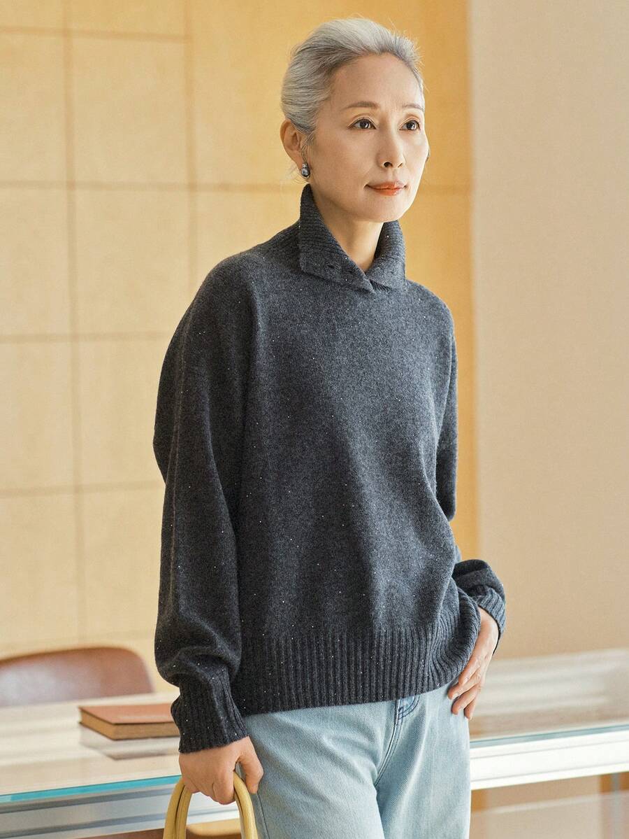 女款舒適羊毛鈕扣領毛衣,時尚立領針織上衣,適合萬聖節、感恩節、聖誕節假期穿搭 - 深灰色 - 查看 1