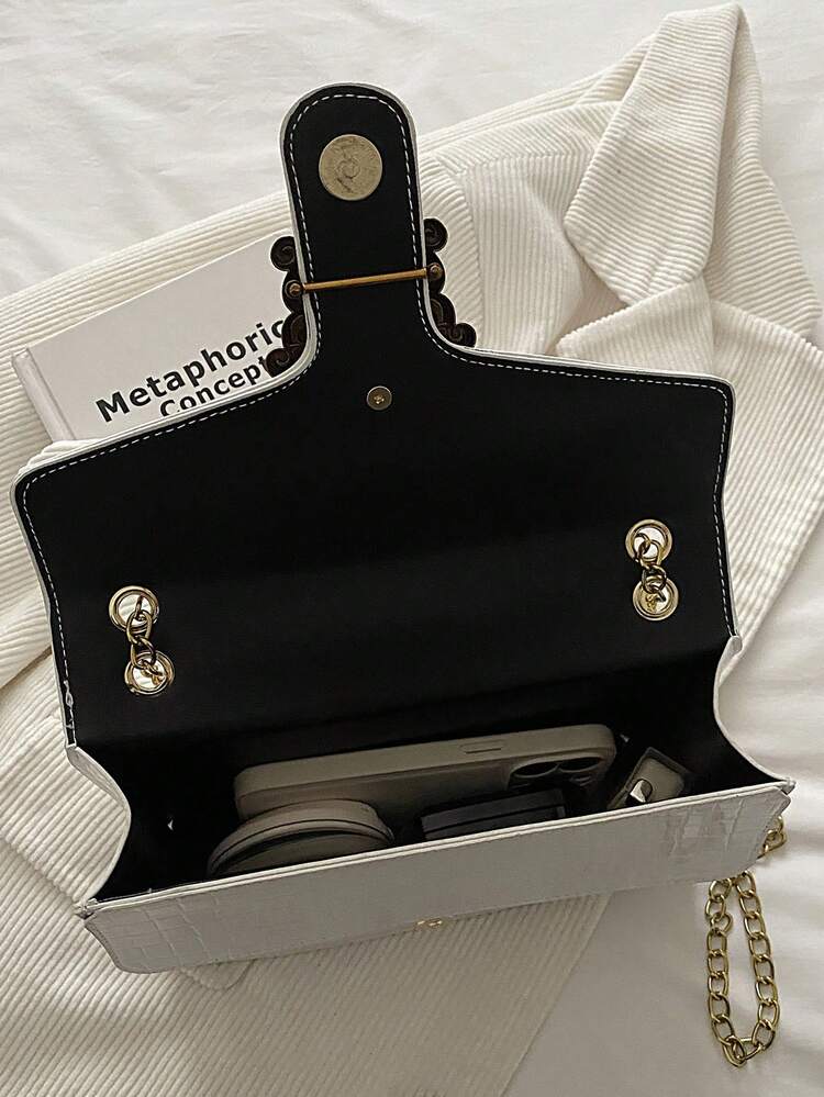 Bolso de hombro de PU de unicolor texturizado versátil y de moda, bolso cuadrado pequeño de doble capa con cadena, estilo casual y minimalista - Blanco - Añade 4