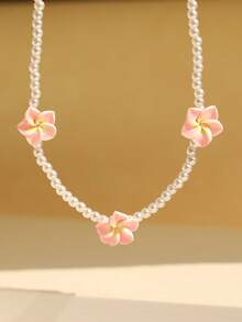 1pc Delicate Cute Pink Plumeria Beaded Collarbone Necklace, Suitable For Women's Daily Wear, Party, Outing - beaded necklace - View 5