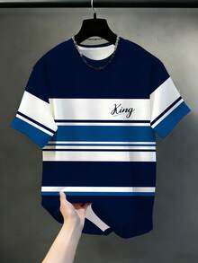 Plus Size Men's Navy Blue & White Colorblock Multi-Width Horizontal Striped Crew Neck Short Sleeve T-Shirt, Plus Size Men's T-Shirt Sports - Blue - View 3