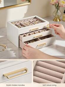 Jewellery Box, 3-Layer Jewellery Storage Organiser With Glass Window, 3 Drawers, Large Capacity, Modern, Golden Handles, Gift Idea, 16 X 24 X 12.5 Cm, Cream White - Multicolor - View 6