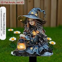 2D Acrylic Garden Stake Decor, Depicting A Girl In Witch Costume, Ideal For Beautifying Flower Pots, Perfect As Outdoor Garden Gift, Vintage And Decorative Art Style - A - View 4