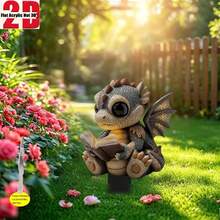 2D Flat Printed Acrylic Garden Stake, 1pc, With Pointed Base, Cute Reading Dragon Design For Garden And Flower Pot Decoration, Ideal Yard Decor And Gift, Peel Off Protective Film Before Use, Suitable For All Seasons - A - View 2