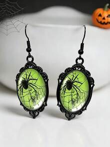 Spider Web Green Background Black Lace Design Oval Pendant Earrings, Casual Gothic Style, Halloween - Black - View 1