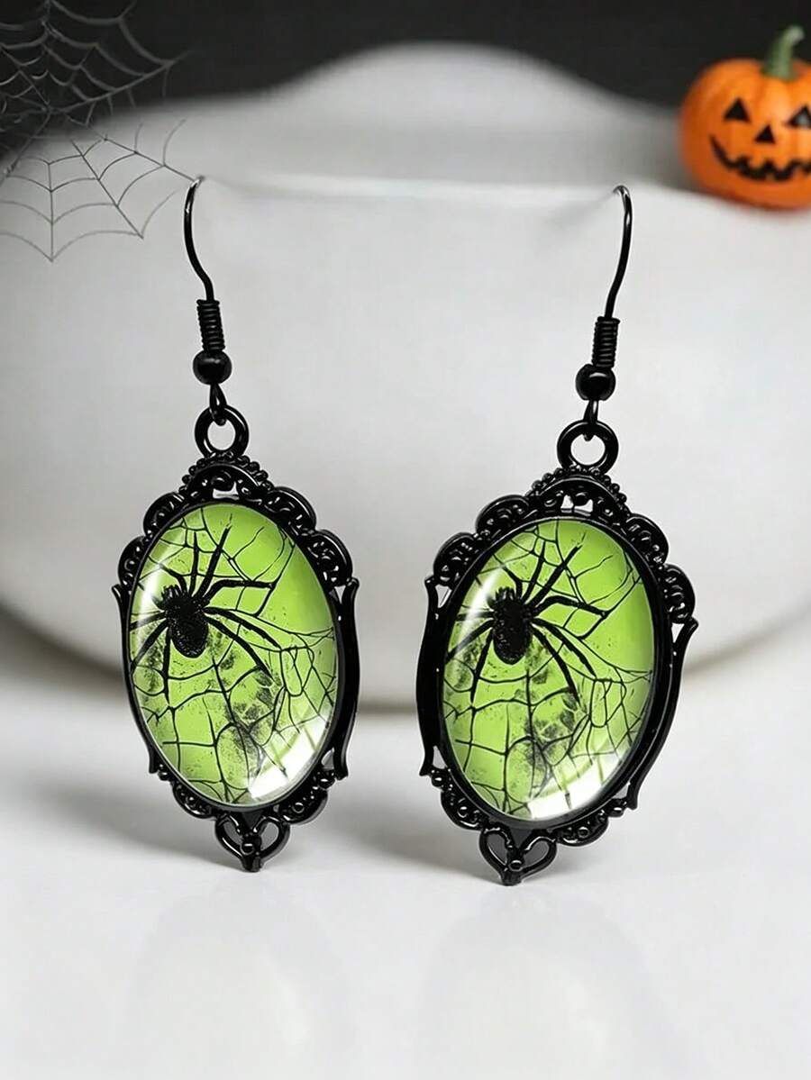 Spider Web Green Background Black Lace Design Oval Pendant Earrings, Casual Gothic Style, Halloween - Black - View 1
