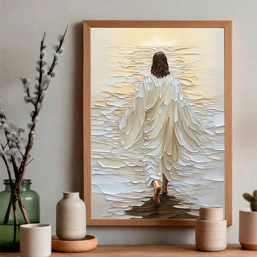 1件/套現代抽象「耶穌行走在水面上」畫布海報，神聖基督教場景附神聖光環藝術版畫，米色與灰色紋理牆飾，適用於客廳、書房、禱告空間，不含框架