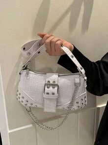 2024新款女款腋下包，歐美風復古鉚釘機車包，皺褶細節，半月形純色單肩斜挎包 - 白色 - 查看 4