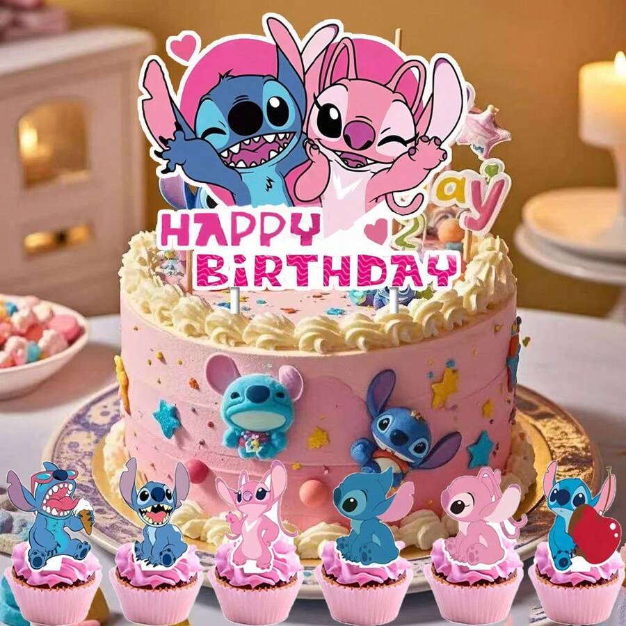 Hasbro 史迪奇與安琪兒生日蛋糕裝飾插牌 心形杯子蛋糕裝飾品 兒童女孩派對用品 - 彩色 - 查看 1