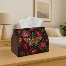 1pc Gothic Moth Art Tissue Box | Multi-Functional Tissue Holder, Suitable For Home, Party, Car Interior Decor Dark Red Peony Pattern - Living Room, Bedside Table Decorative Tissue Box - Suitable For Tissues/Rolls/Napkins - Multicolor - View 3