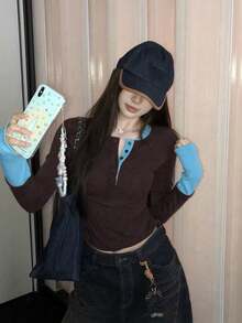 Atasan Wanita Model Base Layer Ketat dengan Desain Colorblock dan Leher Bulat - Coklat - View 2