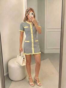 Women's New Spring/Summer Elegant Striped Contrast Color Metal Button Dress, Graceful Ruffle Hem Yellow Striped, Front Button Design, Suitable For Commuting, Daily Dates And Photo Shoots. - Multicolor - View 10