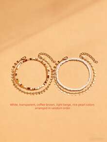 4pcs/Set Beach Vacation Style Beaded Chain Anklets (White, Transparent, Coffee, Light Coffee, Beige Beads, Random Order And Quantity) - White Coffee Color - View 3