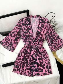 Pink Leopard Print Deep V-Neck Tie Waist Fitted Long Sleeve Sexy Mature Style Nightgown, Suitable For Vacation, Party Or Date - Multicolor - View 4