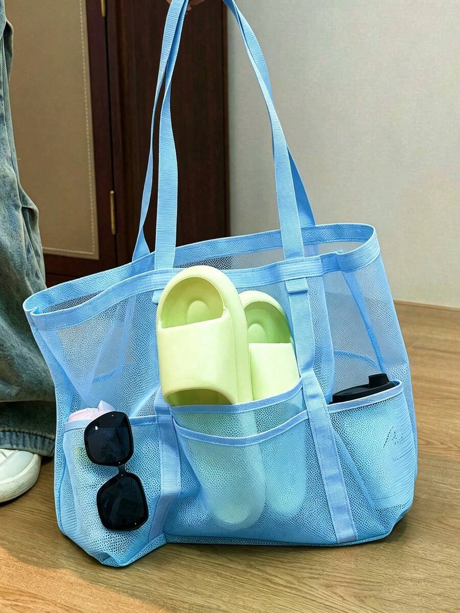 1件裝絎縫開口式網格純色沙灘包，大容量海灘旅行度假收納袋，便攜可折疊游泳健身收納袋洗澡包，旅行網格鏤空袋，浴室玩具收納袋