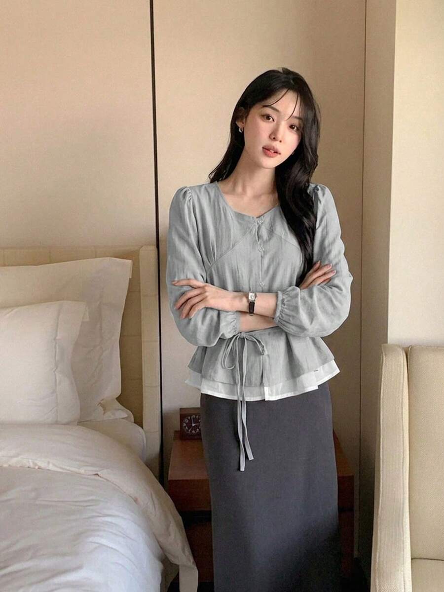YCYC 韓式休閒通勤女款襯衫上衣 - 霧霾藍 - 查看 1
