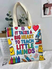 Teacher-Themed Printed Tote Bag-Large Capacity And Reusable; Suitable For Shopping, Commuting, Working On Campus, Outdoor Outings, And Classroom Use. - Multicolor - View 5