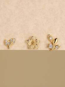 3pcs/Set Anting Kombinasi Daun dan Bunga Ranting Kecil Gaya Mori untuk Wanita, Anting Tusuk Telinga yang Halus, Anting Minimalis Mewah Ringan yang Lembut dan Indah, Serbaguna untuk Bepergian dan Beraktivitas, Aksesori Niche - bunga - View 3