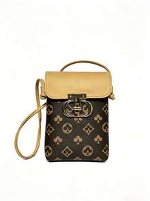 Vintage Geometric Heart Pattern Women's Mini Crossbody Phone Bag, Retro Colorblock Print Vertical Phone Bag With Top Handle - Coffee Brown - View 2