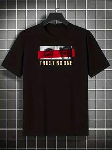 Men's Round Neck Solid Color Portrait English Pattern T Shirt - 黑色 - 查看 1