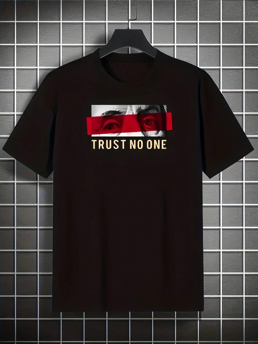 Men's Round Neck Solid Color Portrait English Pattern T Shirt - 黑色 - 查看 1