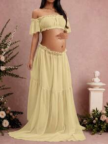 Maternity Sleeveless Ruched Dress, Chiffon Moderate Elasticity Ruched Pleated Detail Front Slit Ruched Hem Maternity Photography Baby Shower Yellow - Yellow - View 5
