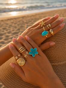 10pcs/Set Bohemian Vacation Style Oil-Drip Flower & Starfish Rings, Stackable Rings, Suitable For Daily And Vacation Wear, Holiday Gift - Yellow Gold - View 2