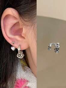 1pc Exquisite Sparkling Star Orbit Zirconia Cartilage Stud, Niche Design Starburst Pendant Edge Cartilage Hoop Earring Jewelry For Women - Heart Star Earrings - View 3