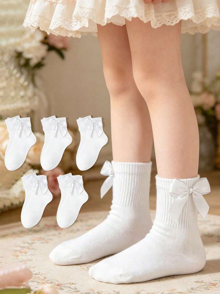 1/5雙女童白色系短襪,飾有緞面蝴蝶結與銀色飾邊,柔軟舒適,適合派對與日常穿著 - 彩色 - 查看 1